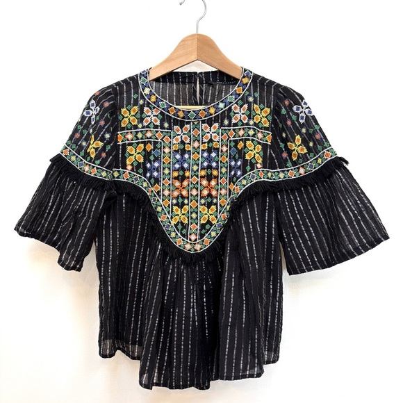 Zara Embroidered Sheer Boho Blouse Fringe Trim Bell Sleeves Festival Black M - Picture 6 of 15